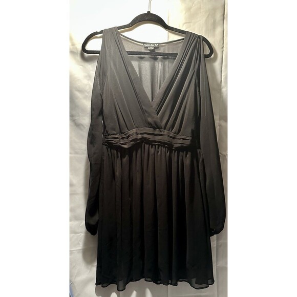 Double Zero Black Chiffon Dress Cold Shoulder Elastic Waist Sheer Back Size M - Picture 1 of 10